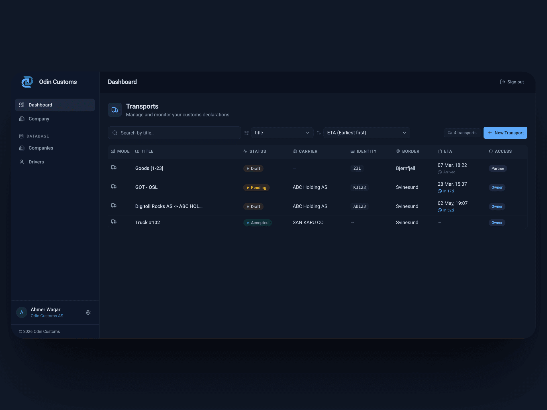 Digitoll platform dashboard showing consignment management